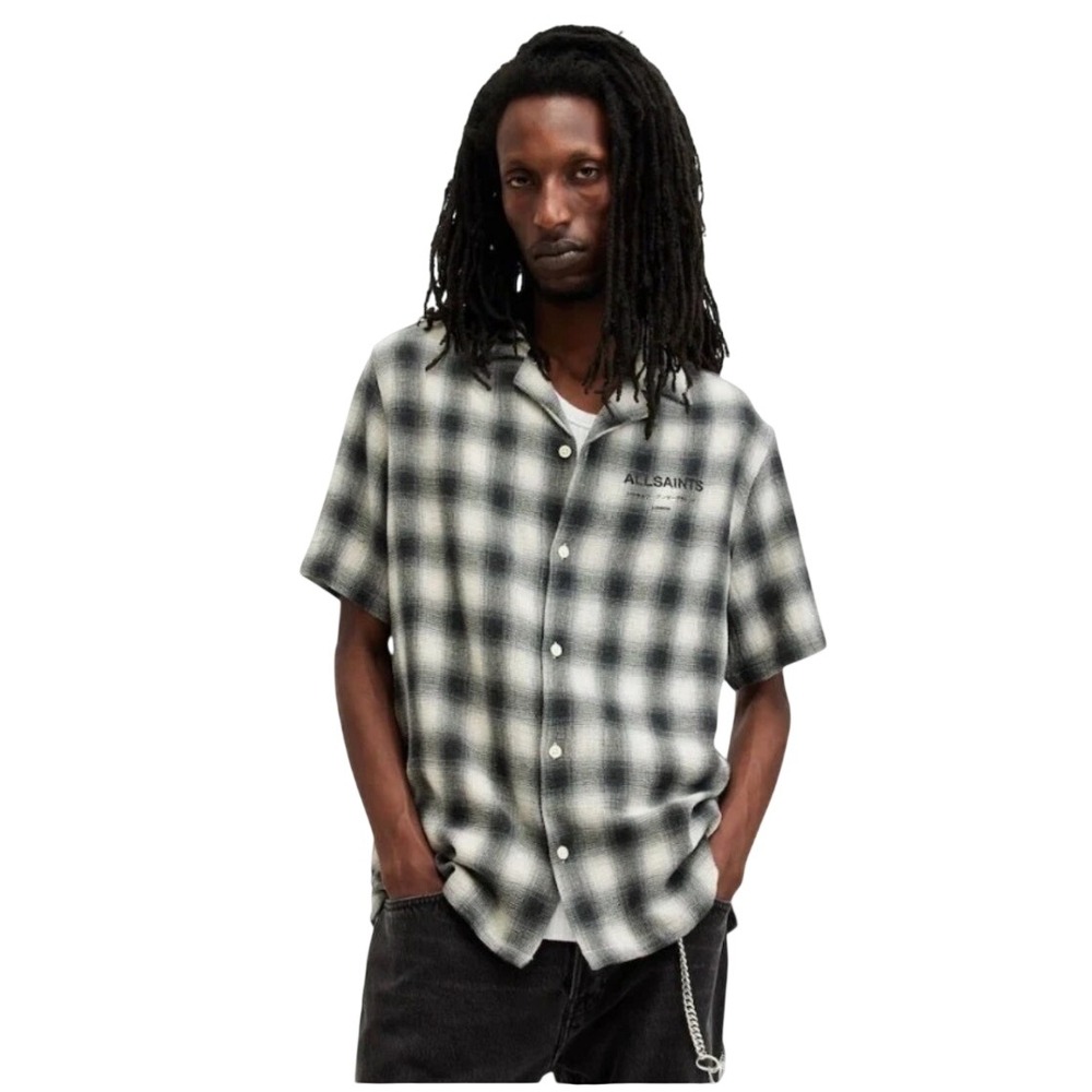 AllSaints Underground Plaid Shirt Black White Checkered Logo XS MS253Z